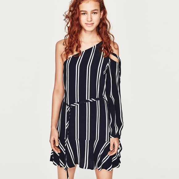 NWT Zara Navy and White Striped One Shoulder Dress - Picture 3 of 17